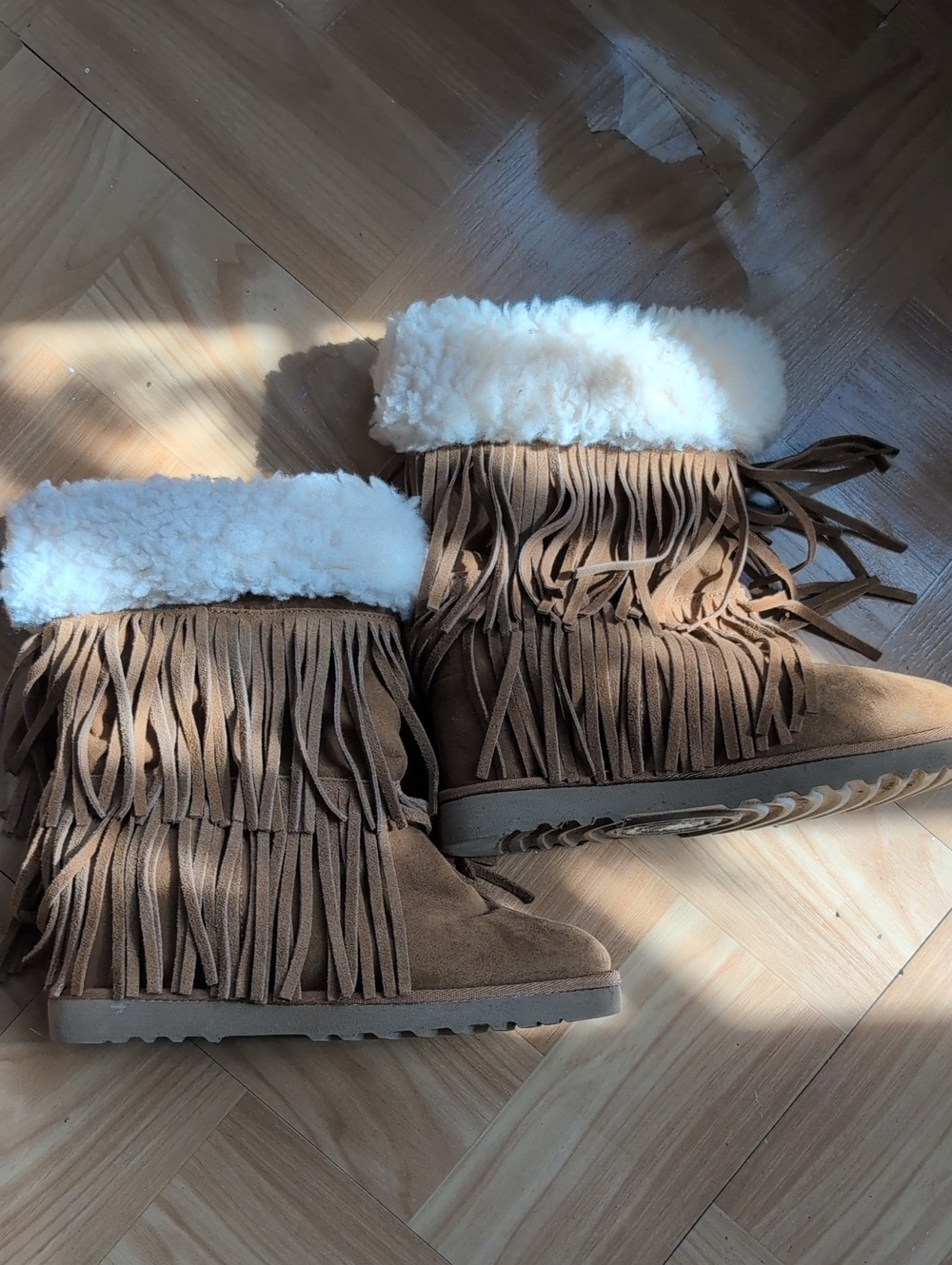 Madden Girl Tan Fringe Faux-Shearling Hidden Wedge Winter Boots